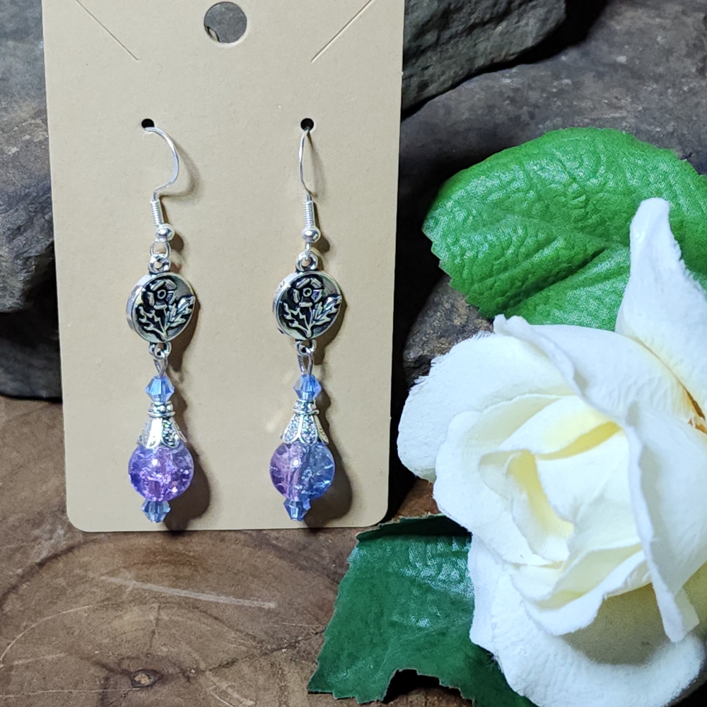 Hand Crafted Dangle Earrings With Blue & Purple Crackled Glass Beads